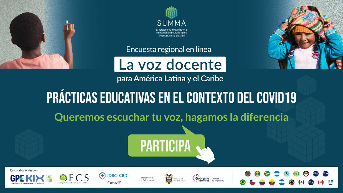 ¡#EncontrémonosPorLaEducación queremos escuchar tu voz! <a href="/Educacion_Ec/">Ministerio de Educación, Deporte y Cultura</a> y <a href="/summa_edu/">SUMMA</a> invitan a los docentes del Sistema Nacional de Educación a llenar la encuesta “La voz docente, prácticas educativas en el contexto del COVID-19”.
👉 bit.ly/3d02ieG
🗓️ Hasta el 21 de julio.