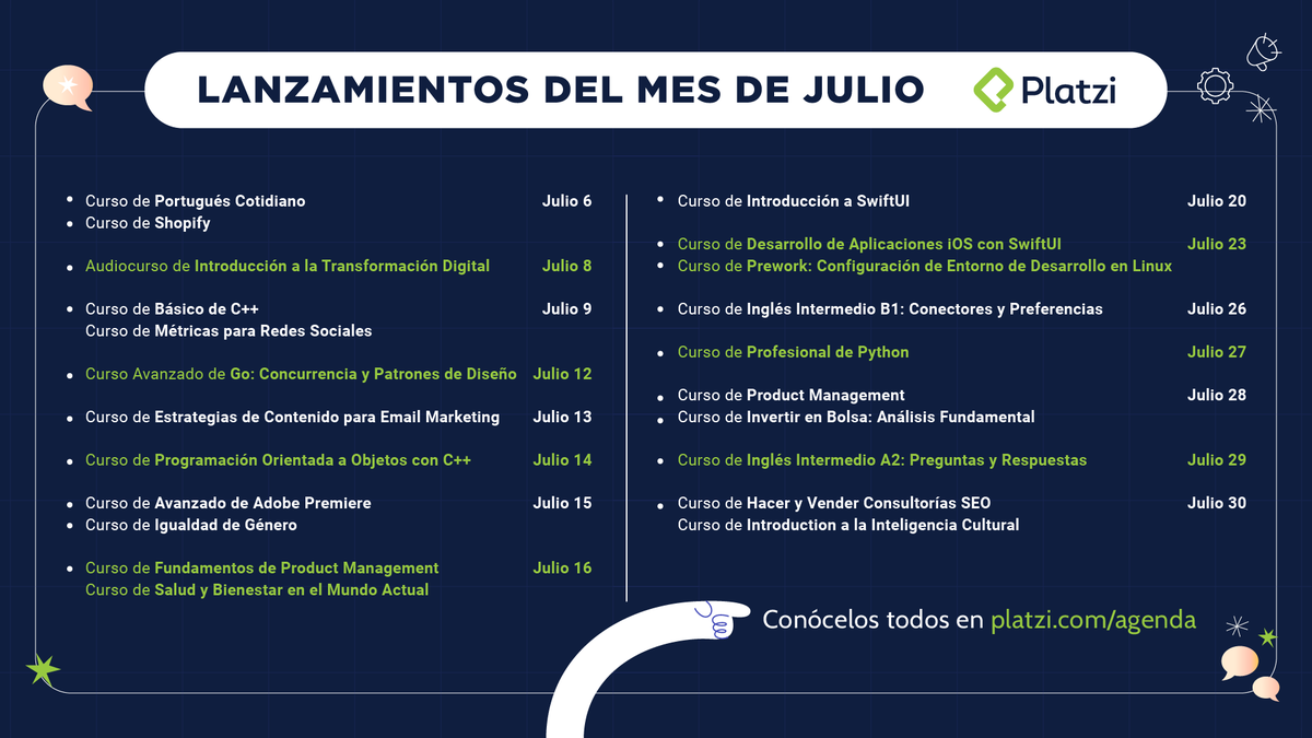 platzi's tweet photo. Estos son LOS ESTRENOS de julio en Platzi 🔥

C++, Python profesional, Shopify, Product Management, e-mail Marketing, Inglés y MÁS⬇️

🗓️https://t.co/lX8v8Qfp8E https://t.co/5C0TxTpOqc