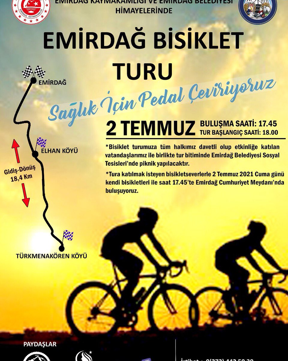 Cumhuriyet Meydanı’ndan başlayarak, Elhan ve Türkmenakören köyü güzergâhında gerçekleşecek olan turun startını Kaymakam Osman Bilici verecek.

“Sağlık İçin Pedal Çeviriyoruz”🚴🚵‍♀️
2 Temmuz Cuma günü saat 18.00’da Emirdağ Cumhuriyet Meydanı’nda buluşuyoruz.