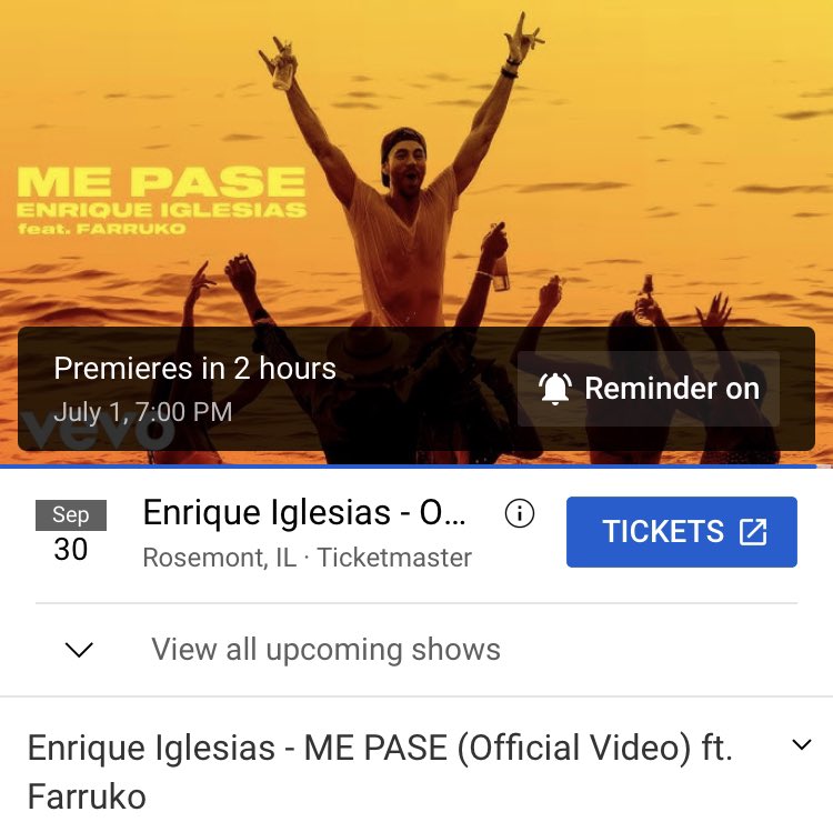 #MePase music video will be premiering on <a href="/EnriqueIglesias/">Enrique Iglesias</a> official YouTube in 2 hours! youtu.be/JE9urbO7bNU