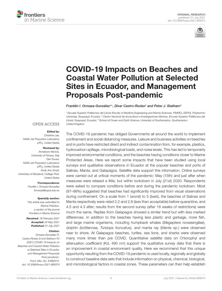 How did Covid-19 impact the beaches and pollution of the Ecuadorian coast? Find out in the latest research of our Faculty, prof. F. Ormaza at Q1 <a href="/FrontMarineSci/">Frontiers - Marine Science</a>. cc. <a href="/espol/">ESPOL</a> <a href="/fimcmespol/">Facultad de Ingeniería Marítima y Ciencias del Mar</a> <a href="/FranklinOrmaza1/">Franklin Isaac Ormaza</a> 

🌐 doi.org/10.3389/fmars.…