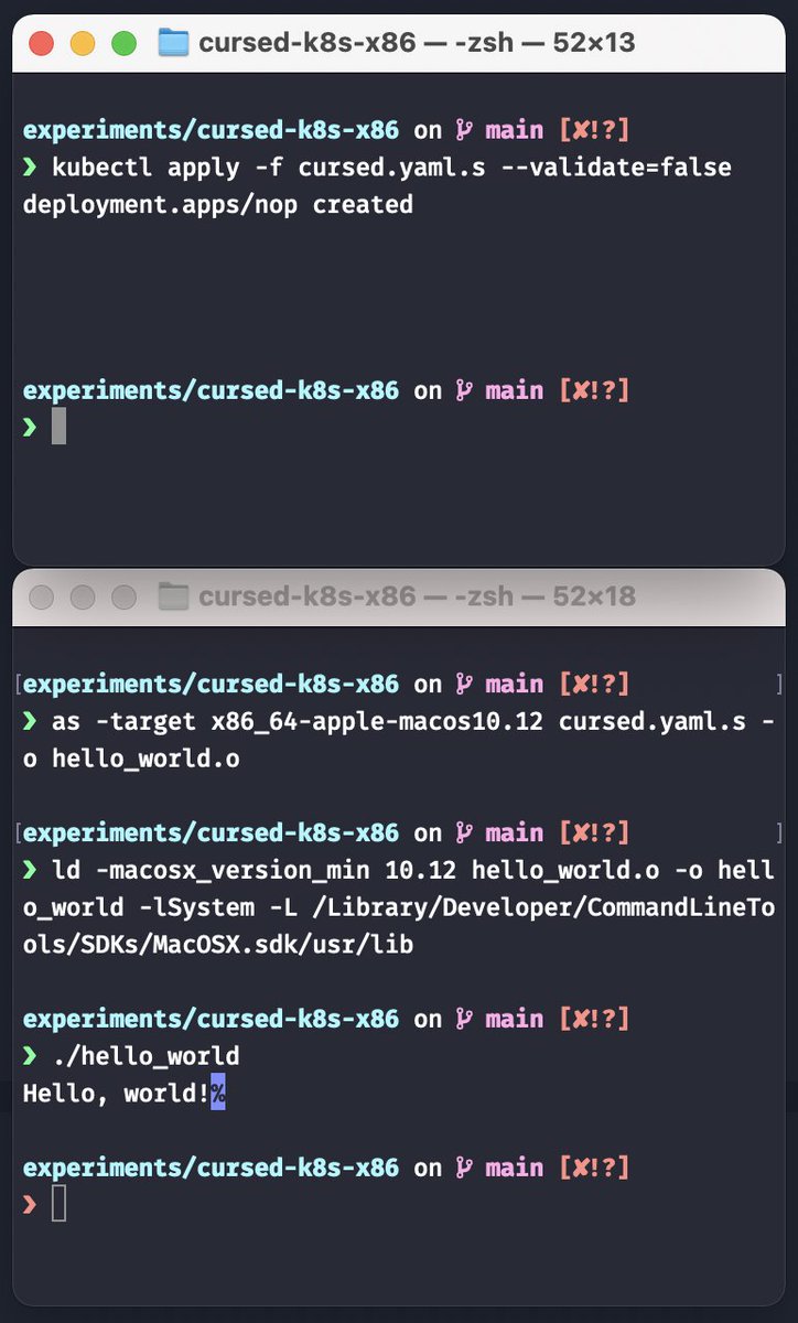 jhanikhil's tweet image. in cursed news: today I wrote some Kubernetes YAML that is *also* valid AT&amp;amp;T syntax x86_64 assembly (both print hello world)