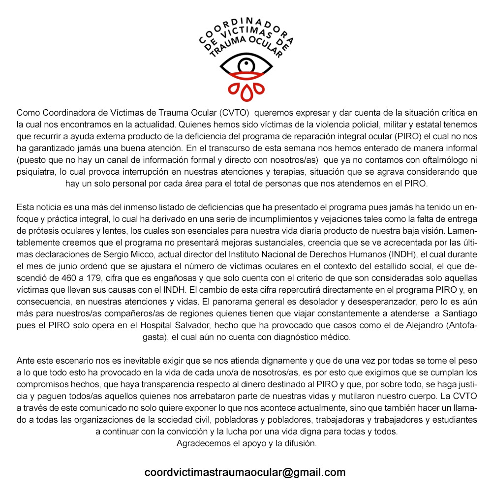 🔴PUNTO DE PRENSA
Mañana 2 de julio, daremos punto de prensa a las 14.00 hrs en Plaza de armas.
Esto, para denunciar nuevamente las falencias del PIRO del Hosp Salvador y del ausentismo del INDH con respecto a la violación de DDHH.
Invitamos a todos los medio de prensa a asistir.