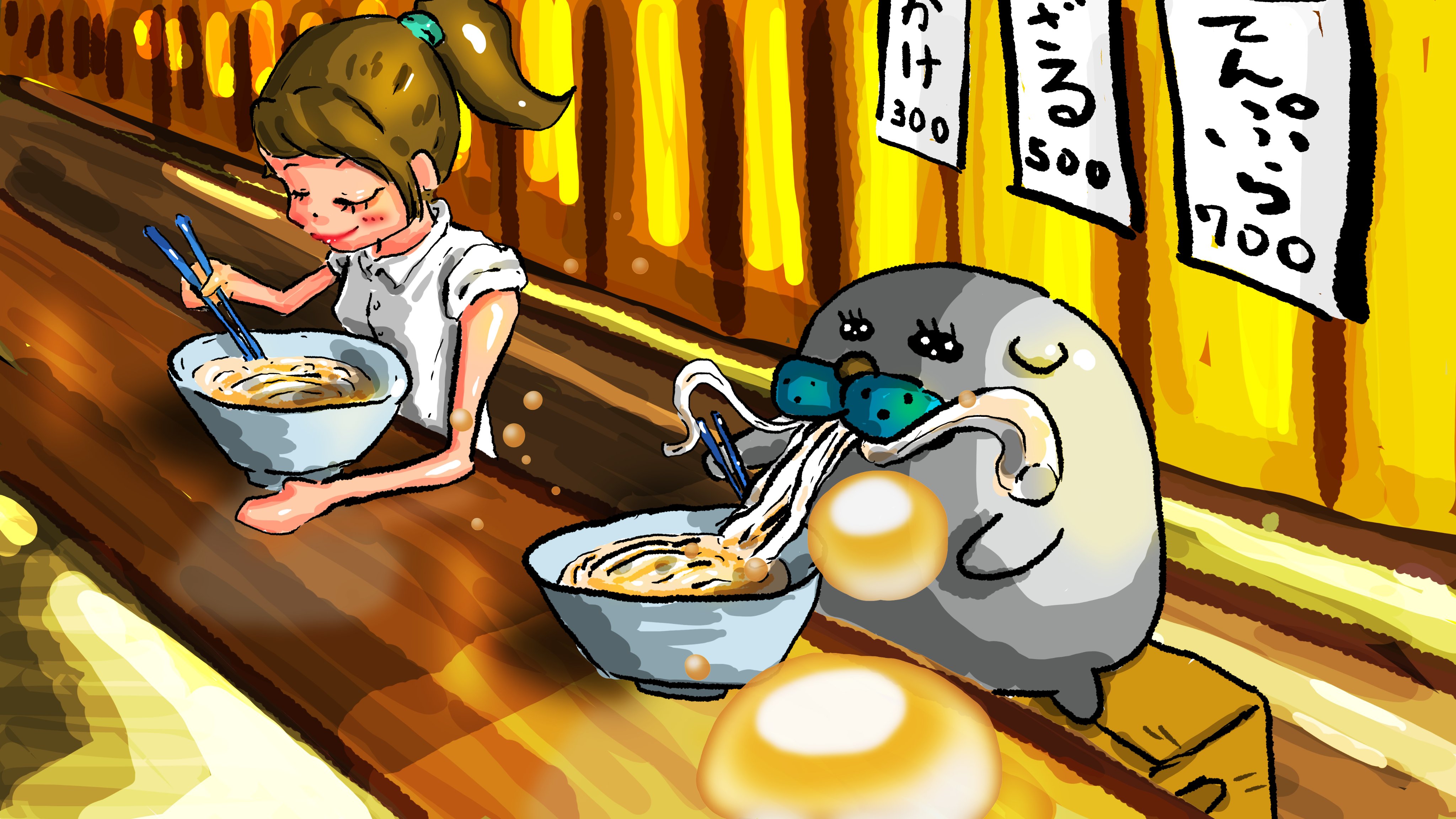 Takao がんばれ犬丸の中の人 今日7月2日はうどんの日だそうです ってなことでゆめちゃんと犬丸は駅前でうどんを食べました しこしこもちもち 犬丸お行儀が がんばれ犬丸 がんばれ犬丸 絵描きさんと繋がりたい イラスト好きさん