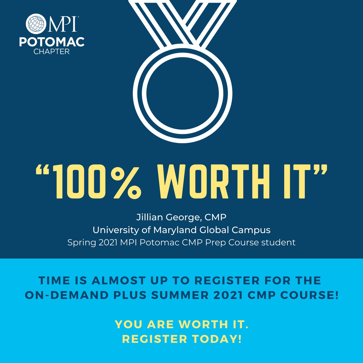 MPIPotomac's tweet image. Take Jillian's advice and sign up TODAY for the On-Demand Plus Summer 2021 course. Attend for as low as $50! buff.ly/3ycMOfz #CMP #CMPHC #EventProfs #meetingprofs #eventsindustryunite #eventsindustry #meetingplanners #MPIPotomac