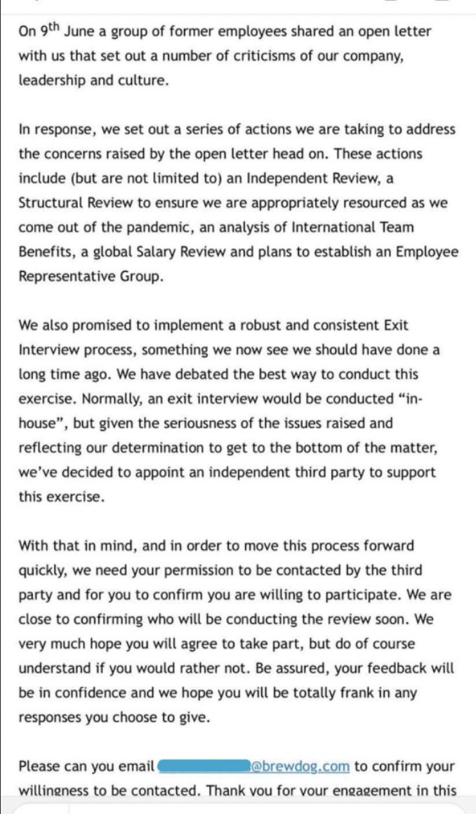 An update. At 22.14 tonight, BrewDog started sending the following email to former staff, in which they show that after 14 days, they have not made an inch of progress - and are now asking former staff for permission to allow an as-yet-undecided third party to contact them.