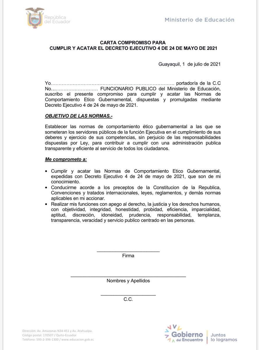 MayraAlbn4's tweet photo. Presidente @LassoGuillermo  porque quiere hacernos firmar un decreto a los docentes... Todos los distritos están distribuyendo que debemos firmar.
Estamos empezando muy mal o haga que un asesor nos explique el porque de esa CARTA DE COMPROMISO debemos firmar en contra de nosotros https://t.co/DF9tHgf6E3