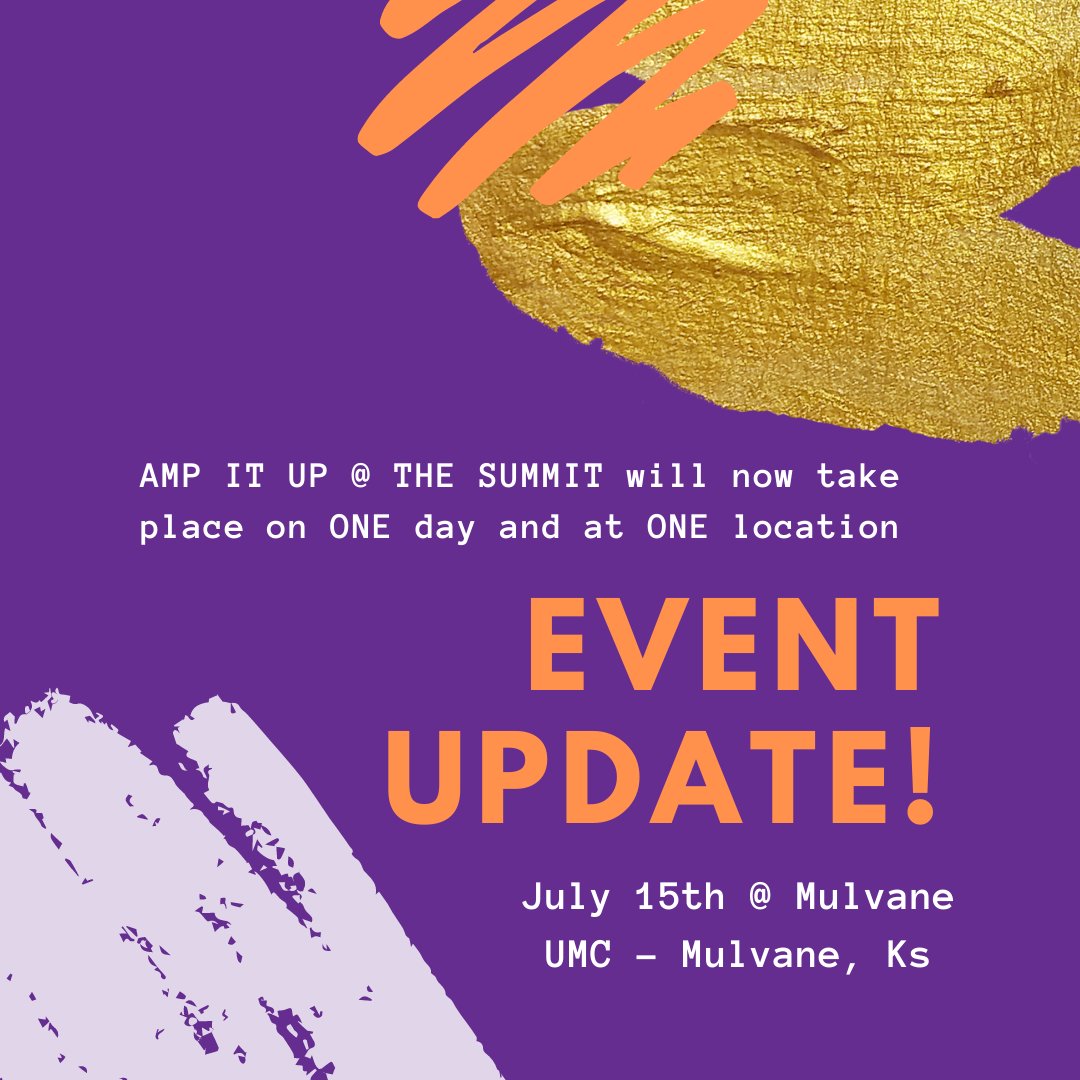 SummitKansas's tweet photo. Amp It Up @ The Summit has come to the difficult decision to consolidate to one location this summer. But, we are excited for the opportunity to have everyone join us at Mulvane UMC on July 15th for one larger gathering! 

Register Today to join in on the fun! 
Link in bio! https://t.co/mLkxjr2LKD