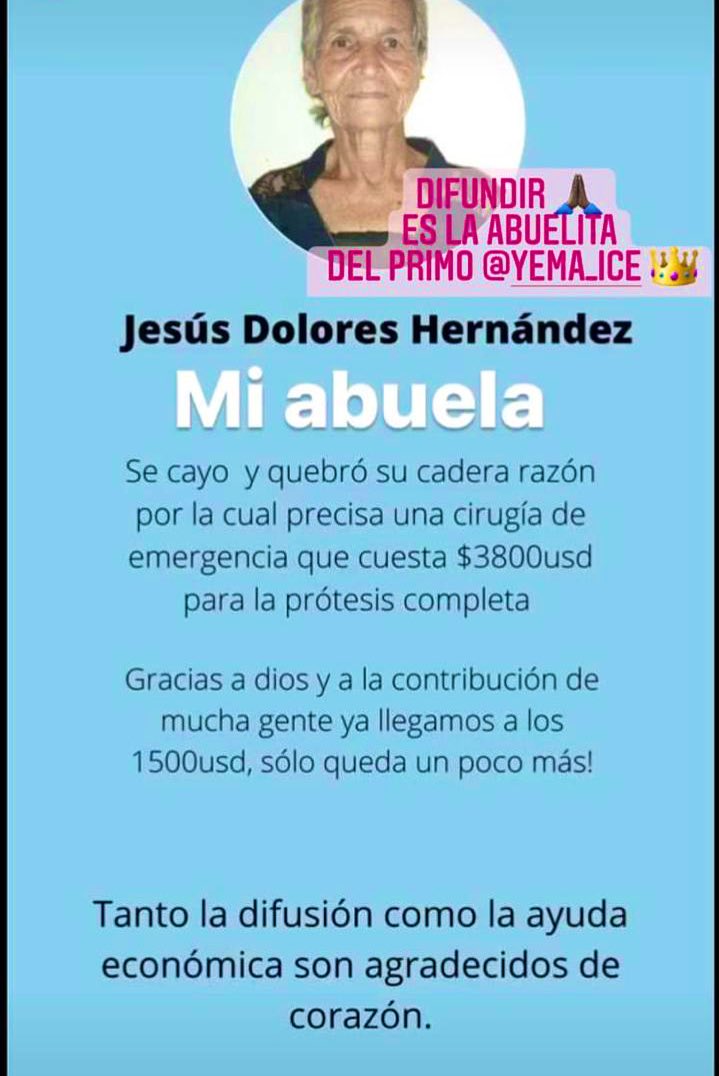 Lady_Astor's tweet photo. Amigos de Twitter, nunca hago esto pero es realmente una causa noble y es la abuelita de un amigo de mi marido en Venezuela. Les ruego que si pueden ayudar, donen y difundan. Muchas gracias 🙏🏻🙏🏻🙏🏻 https://t.co/sBuklI9RSZ