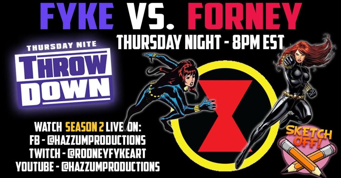 GemCityComicCon's tweet photo. Friends of the show, @rodneyfyke &amp; @SeanForneyArt, will be LIVE tonight (7/1) at 8pmEST w/another #ThursdayNiteThrowDown!

Tonight's #SketchOff: #BlackWidow

Watch on #Facebook: https://t.co/RYhJkTNgMj
#Twitch: https://t.co/TOSG8Blywk
and #YouTube: https://t.co/Mwfg6GGAL8 https://t.co/h4A2Xgsto7