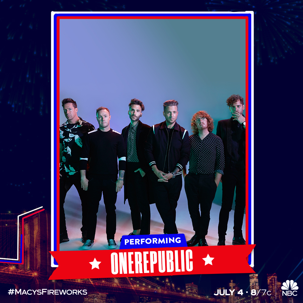 OneRepublic's tweet image. Are you ready to party? 🎆 Don’t miss our performance on the #MacysFireworks Spectacular — Sunday, July 4 on @NBC.