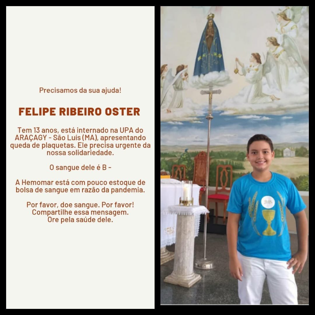 Diogotapuio's tweet photo. O Felipe tem 13 anos, é sobrinho de minha vizinha  e está lutando contra a COVID-19. Ele se encontra internado na UPA do Araçagy necessitando de doação de sangue B-. Por favor compartilhe essa mensagem solidária! https://t.co/nTljc0Hqh5