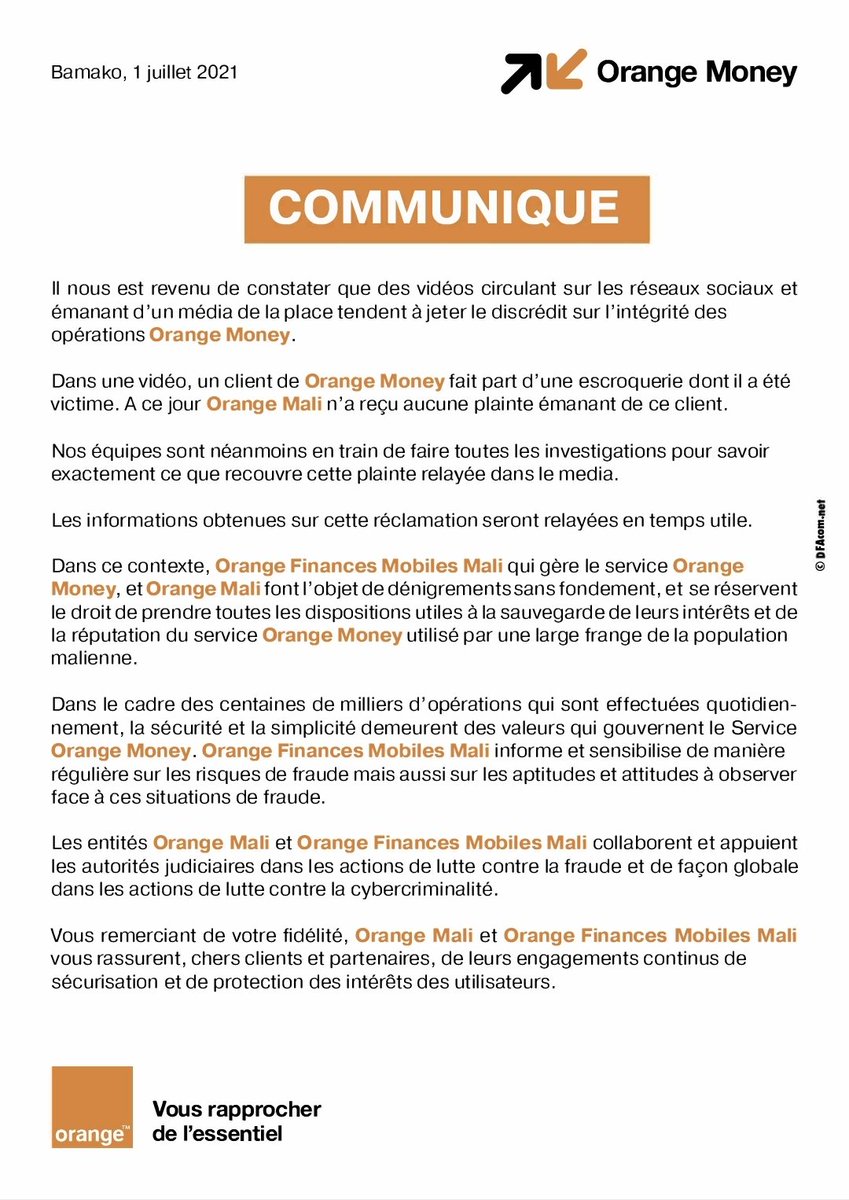 Orange_Mali's tweet photo. COMMUNIQUÉ ORANGE MALI : 

#Orange 
#OrangeMali https://t.co/lGmZA0FzRx