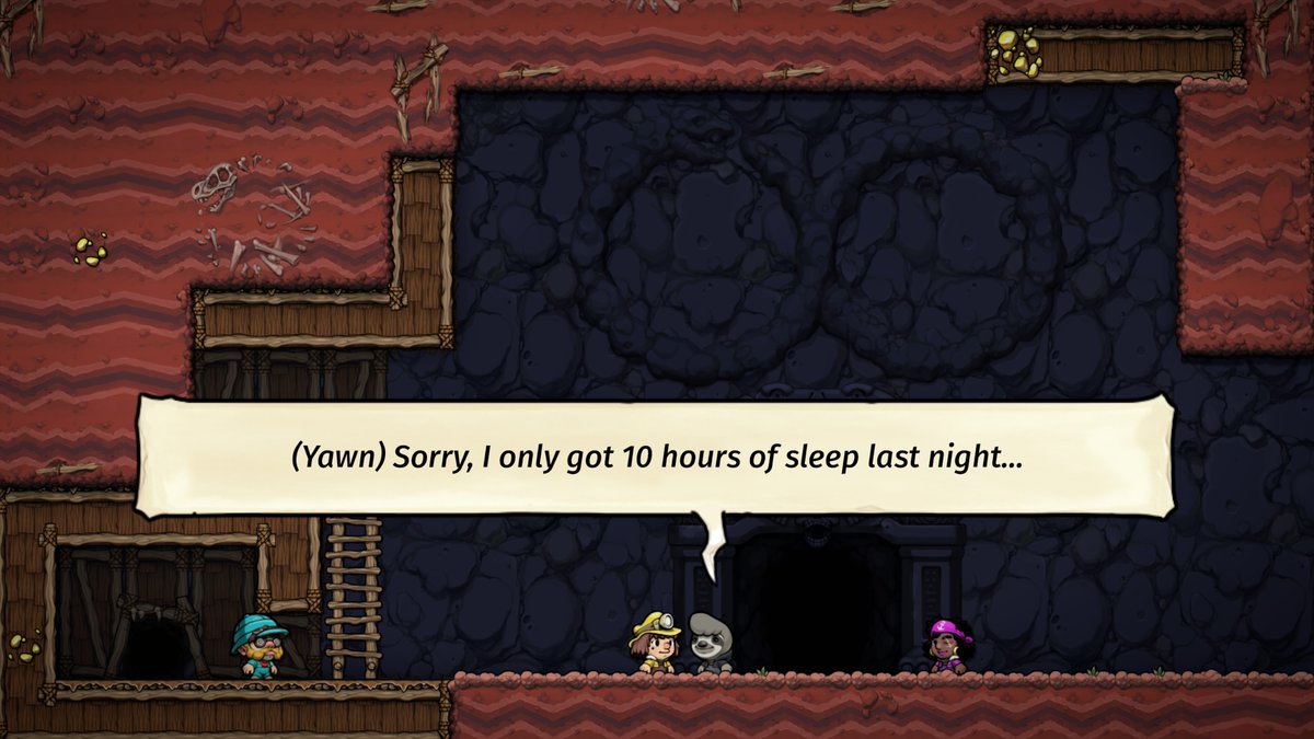 Screenshot from Spelunky 2 where a sloth character says "(Yawn) Sorry, I only got 10 hours of sleep last night..."