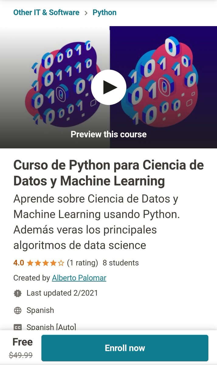 BondioDuko's tweet image. CURSOS: BUENO CAPOS, LES DEJO CURSOS 100% GRÁTIS CON CERTIFICADO. Los guardan en su cuenta y los hacen cuando quieran. DEN RT
Python para Ciencia de Datos y Machine Learning:
udemy.com/course/curso-d…