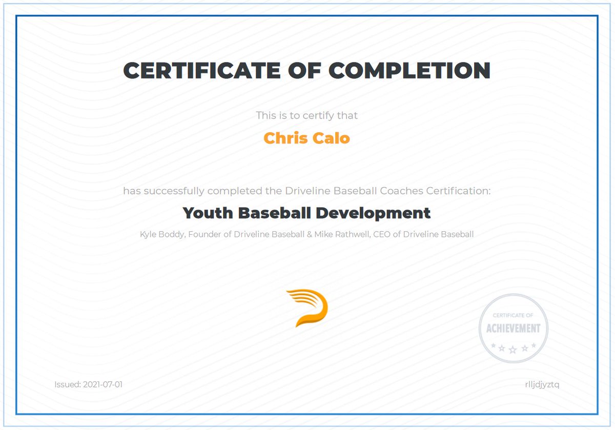ChrisCalo1's tweet photo. Thrilled to get my certification in Youth Baseball Development from Driveline.  Looking forward to a fun season next year with my next team. @DrivelineBB @drivelinebases @PlaySBSA https://t.co/4st7GgciQ1