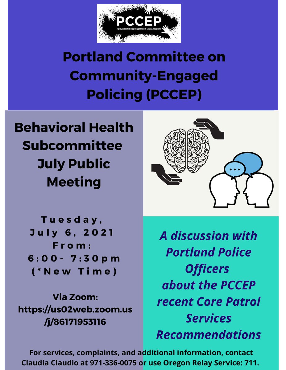 PCCEPpdx's tweet photo. This Tuesday July 6th join the #PCCEP Behavioral Health Subcommittee from 6-7:30p via Zoom. A discussion with @PortlandPolice about the PCCEP recent Core Patrol Services Recommendations will take place. View the agenda here: https://t.co/L9kSOVF666
#Community #Policing #Portland https://t.co/lJVzfWQbVc