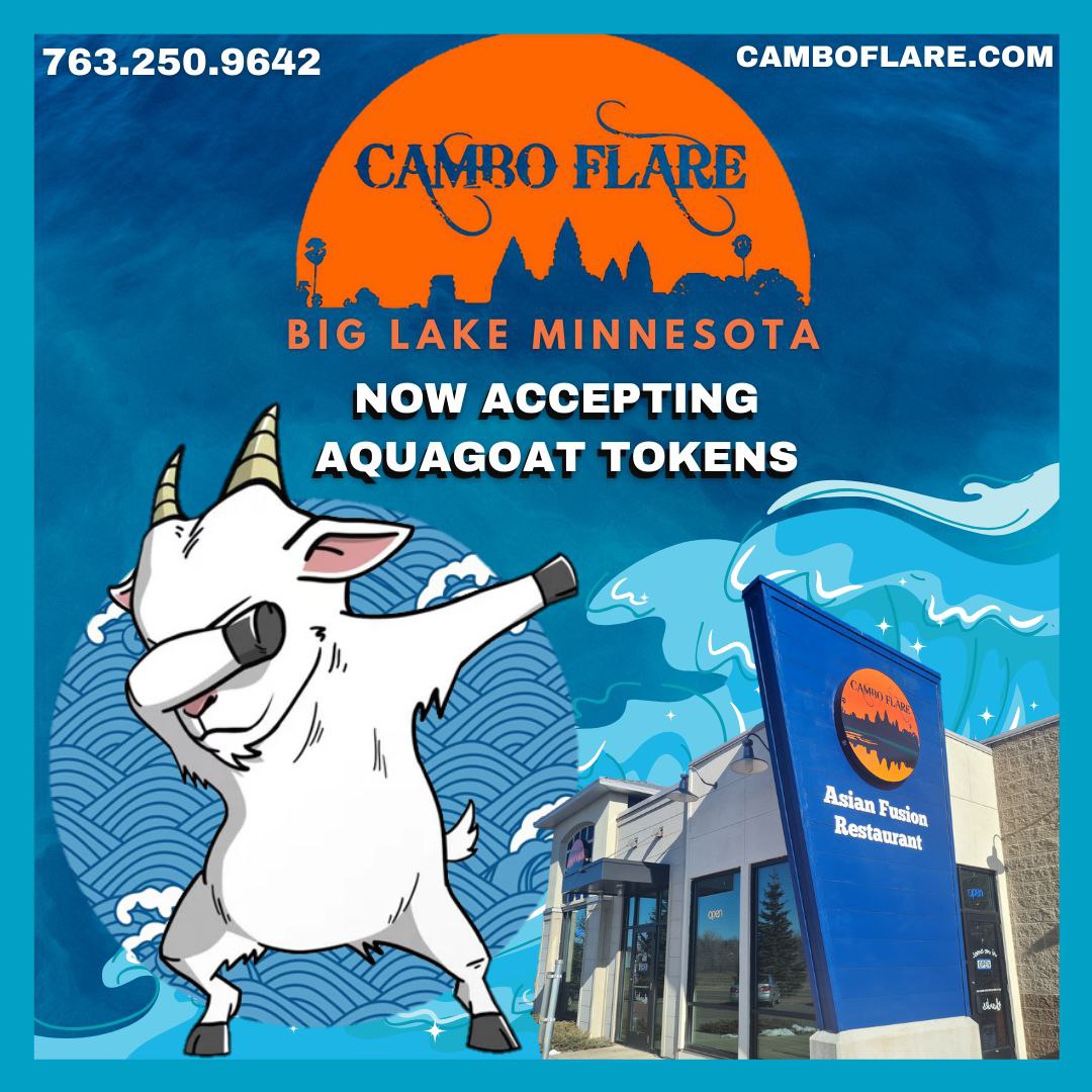 AquaBsc's tweet photo. The AquaGoat team is proud to announce @CamboFlare as being the FIRST restaurant to begin accepting AquaGoat tokens. We are glad to have this integration for real life purchases! Feel free to visit and check them out! https://t.co/mpbI3IFH6D