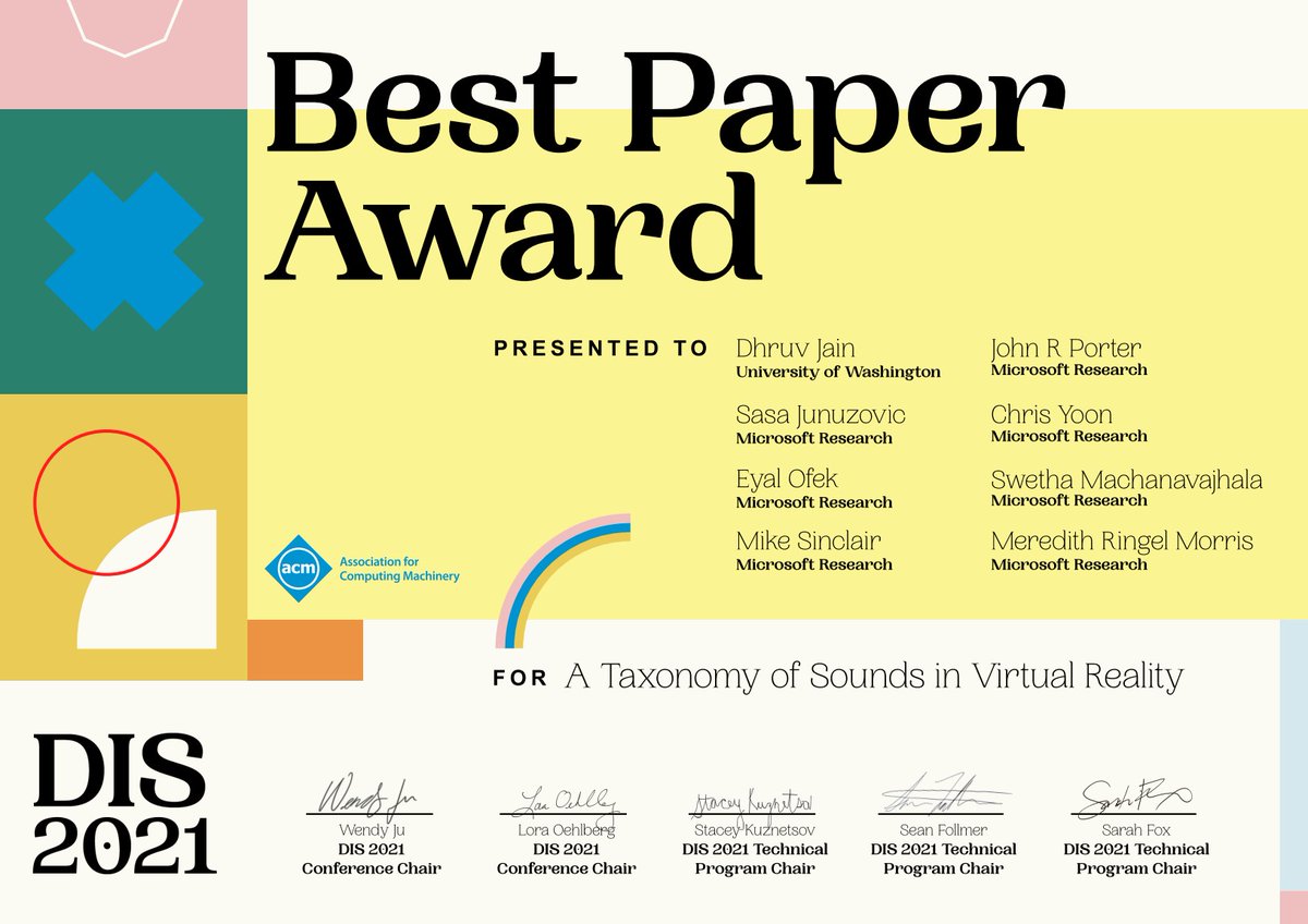 MSFTResearch's tweet image. &quot;A Taxonomy of Sounds in Virtual Reality&quot; won Best Paper at #ACMDIS2021! This Microsoft Research paper provides an exploration of sound in VR for people who are d/Deaf or hard of hearing to create consistent language &amp;amp; structure for representing VR sounds: aka.ms/AAd2kwo