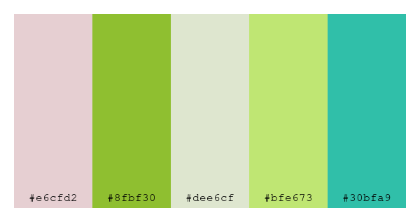 ColPaletteBot's tweet photo. Beep beep, here's a pretty color palette for you! 

color-scheme.js parameters used: 
- hue: 355
- variation: pastel
- colors: #e6cfd2, #8fbf30, #dee6cf, #bfe673, #30bfa9

Have a lovely evening!

#twitterbot #colorpalette #colors #palette #prettycolors https://t.co/0aRVoWD2C8