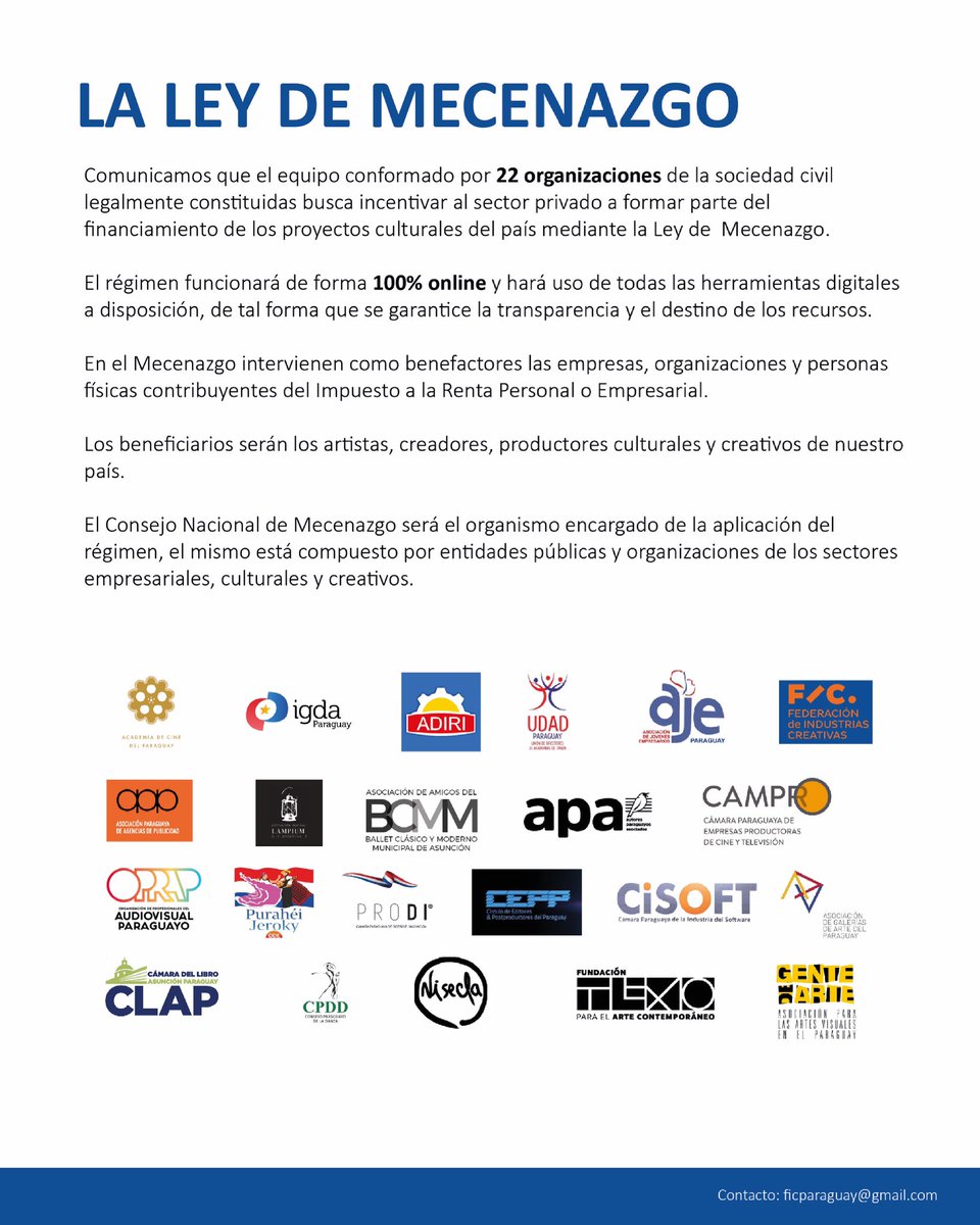 mecenazgopy's tweet photo. 22 organizaciones conformamos el Equipo Impulsor de la #LeyDeMecenazgoPY 

Logramos construir colectivamente un Proyecto sólido que ya ingresó a la Cámara de Diputados.

+info: https://t.co/VXdxgt9yml https://t.co/sbXg4FMhzI