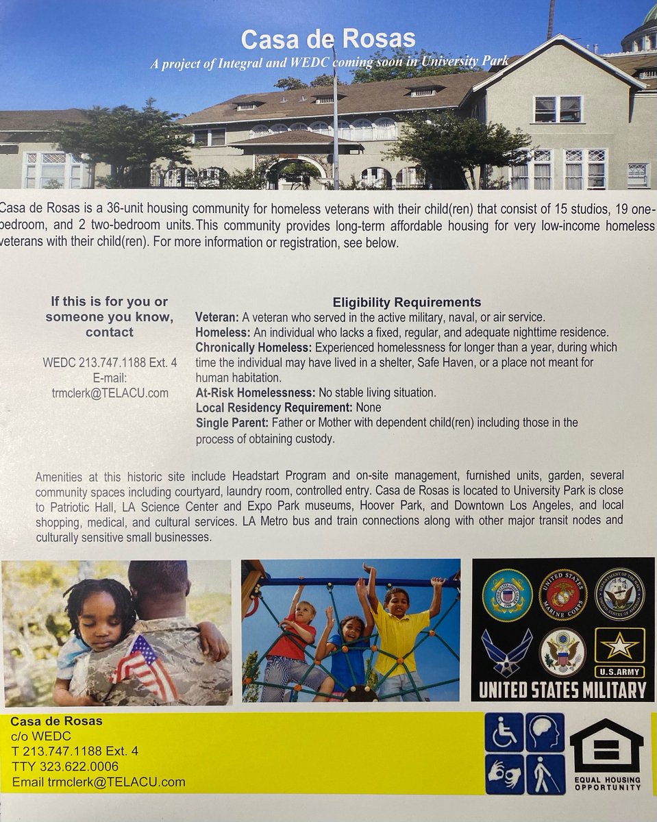 VAGA_Vets's tweet photo. Casa de Rosas in a 36-unit housing community for homeless veterans with their child(ren). This community provides long-term affordable housing for very low-income homeless veterans with their child(ren). For more information or registration, see below. https://t.co/weu6S5NgY8