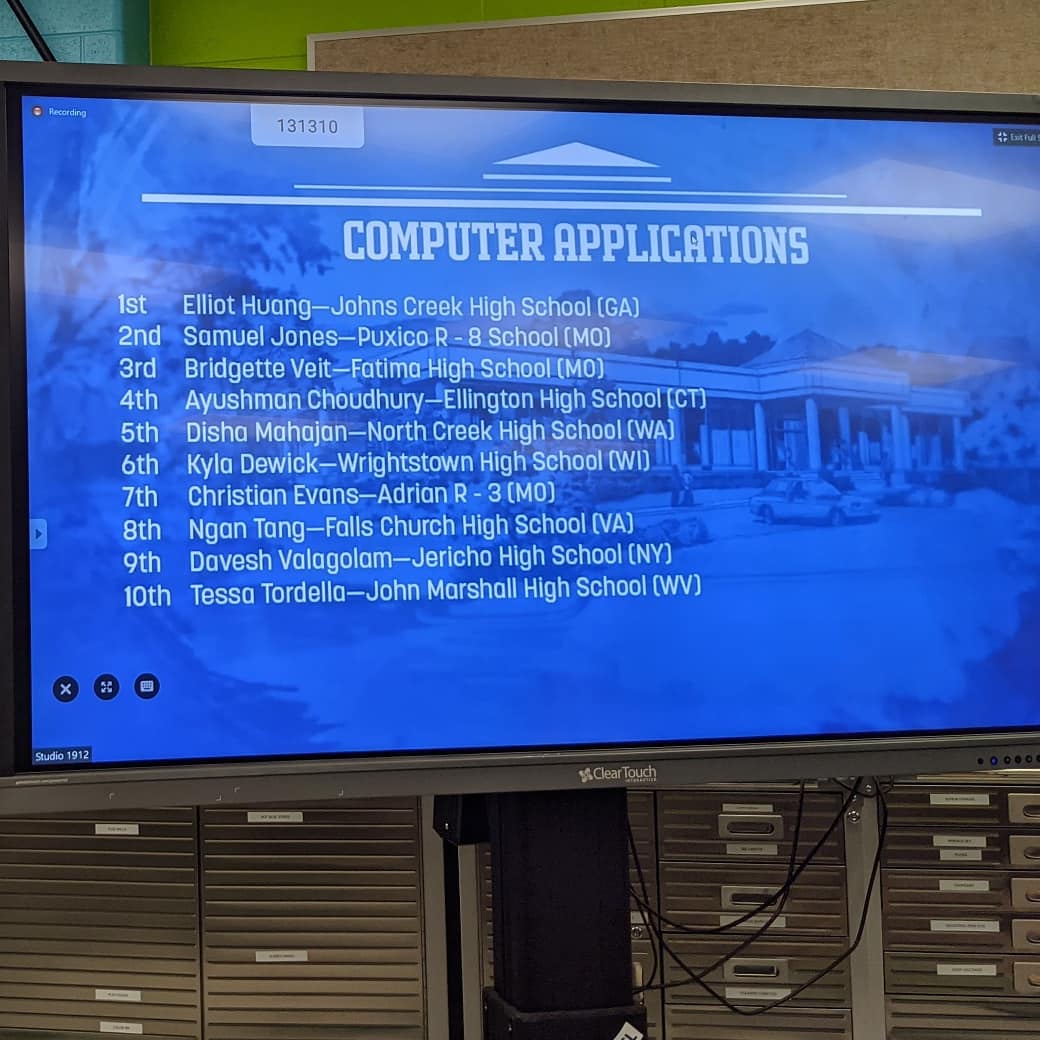 DchsWv's tweet photo. Gathered to watch the first half of awards, and although we had no National Finalists in the objective tests, WV did have TWO make top 10!
Congratulations to John Marshall High School &amp; Tyler County Middle School for having National Finalists!!
#fblanlc21 https://t.co/CykJzG1lCs