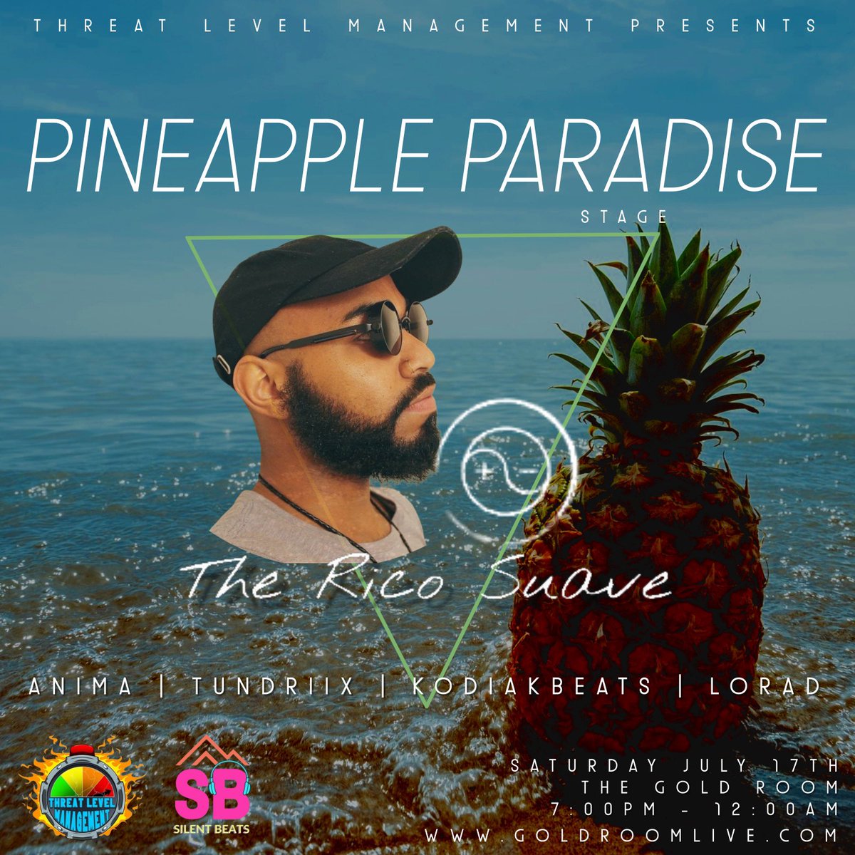 ThreatLevelMgmt's tweet photo. We’re pleased to Announce our 1st Stage for Hot Rave Summer, Pineapple Paradise! Featuring The Rico Suave, DJ Anima, Tundriix, KodiakBeats &amp; LoRad! This is the going to be the Hottest Silent Disco of the Summer. Get your tickets to this can’t miss event Today! Ticket link in Bio! https://t.co/gzCyfGNn8s