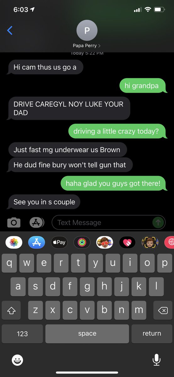 camaryn_13's tweet photo. *grandpa texts me for the first time EVER from a phone he’s had for years* 

safe to say perry does not approve of scott’s driving https://t.co/t4pIQbsk6o