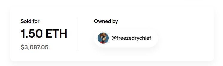 NIAZI (@aref_niazi) on Twitter photo 🔥WHAT A RALLY🔥
✨10 BIDS✨
Auction won by :
<a href="/freezedrychief/">Freezy</a> 🔥
Sold for 1.50 ETH
thank you all #collectors 🌹
<a href="/vipulved/">Vipul Ved Prakash</a>
<a href="/StaniKulechov/">Stani.eth</a>
<a href="/royamansoorvar/">Roya Mansoorvar</a>
And special thanks to <a href="/freezedrychief/">Freezy</a> 🔥
#nft #collector #nftart 🔥WHAT A RALLY🔥
✨10 BIDS✨
Auction won by :
<a href="/freezedrychief/">Freezy</a> 🔥
Sold for 1.50 ETH
thank you all #collectors 🌹
<a href="/vipulved/">Vipul Ved Prakash</a>
<a href="/StaniKulechov/">Stani.eth</a>
<a href="/royamansoorvar/">Roya Mansoorvar</a>
And special thanks to <a href="/freezedrychief/">Freezy</a> 🔥
#nft #collector #nftart
