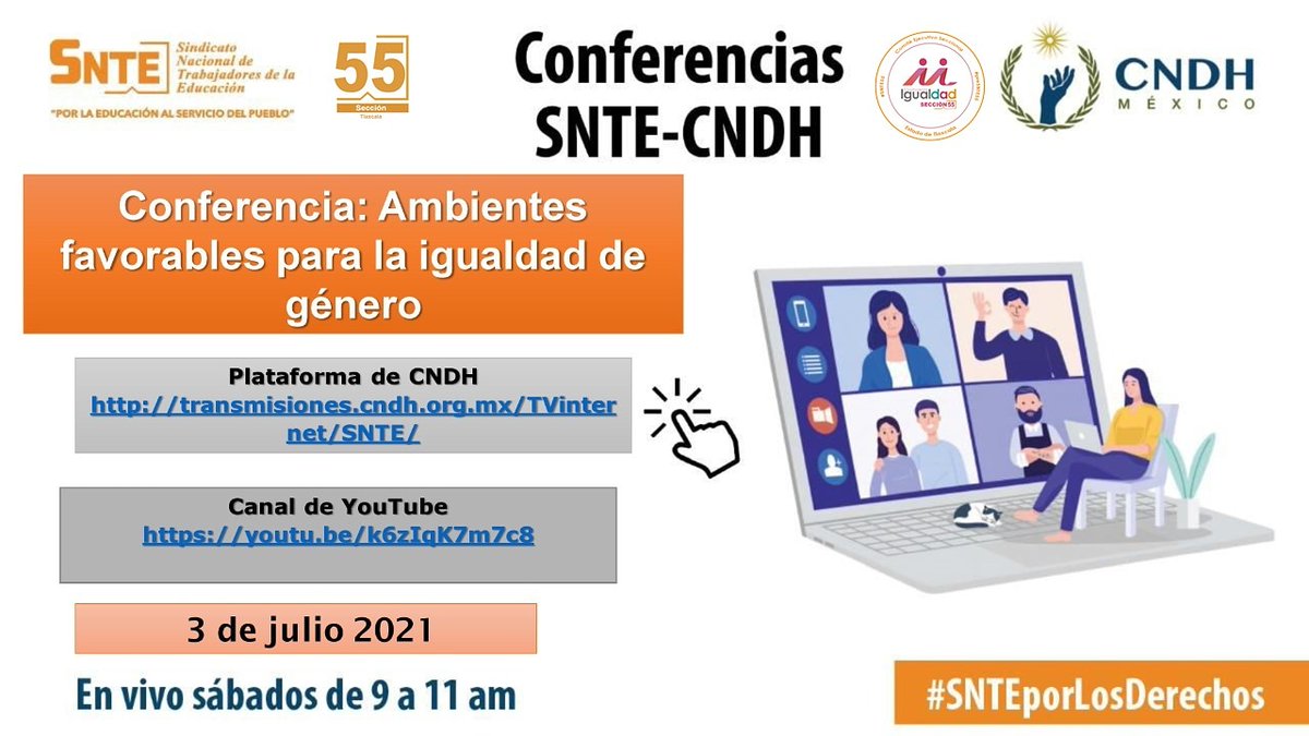 Seccion55SNTE's tweet photo. #SntePorLosDerechosHumanos
#preSNTE55 :)

Conferencia SNTE-@CNDH 
“Ambientes Favorables para la Igualdad de Género””
 
En #Vivo Sábado 26 de Junio 2021 de 9:00 a 11:00 (Hora CdMx) 
 
Registro: https://t.co/5KE4CCCTNG

CNDH
https://t.co/zEhatXWm2n

YouTube 
https://t.co/hEFYiT74Ea https://t.co/3sWaCceNPa