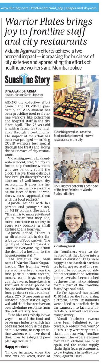 AndheriLOCA's tweet image. MBA student @agarwal_vidushi is raising funds in #pandemic 2 bring 2-pronged impact
Kudos 2u
2 make #COVID wariors feel special by serving them delicious food from elite restaurants
Helping biz of F&amp;amp;B industry which has been bruised in #LockDown
@jkd18
@BeingChatterjee
@karishmau