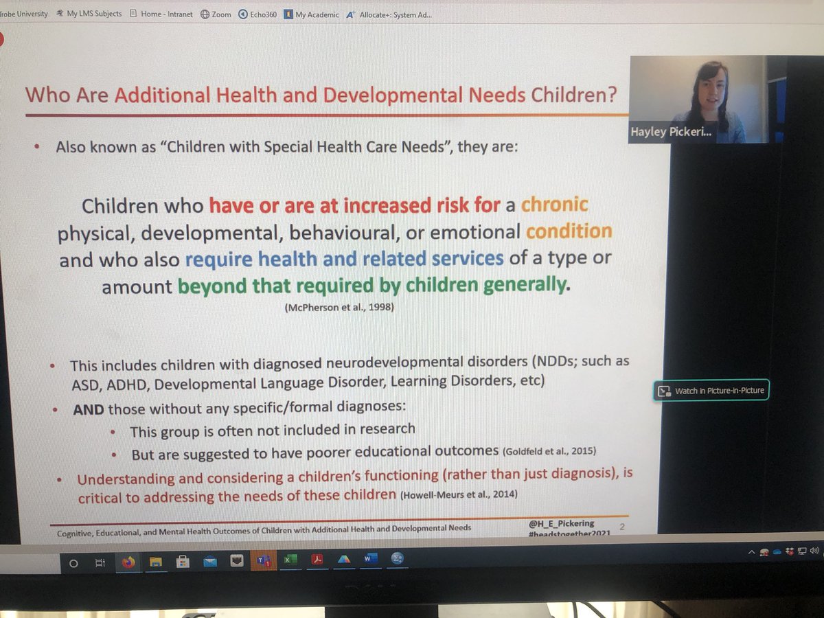 An excellent presentation today by <a href="/H_E_Pickering/">Dr Hayley E Pickering</a> on children with additional health and developmental needs! Such an under researched population. #headstogether2021 <a href="/ASSBI1/">ASSBI</a> <a href="/APS_CCN_PD/">APS College of Clinical Neuropsychologists - PD</a> <a href="/INSneuro/">INS</a> 🧠