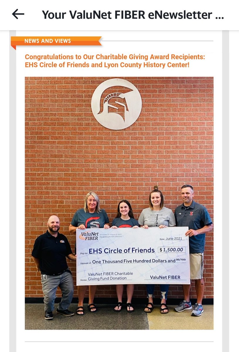 TonyaDall's tweet photo. EHS Circle of Friends sponsors Tonya Dall &amp; Kaitlyn Just accept a check from Jordon &amp; Kala with Valu-Net along with Cassidy Ochs &amp; Dathan Fischer. https://t.co/CVSOJLQSje