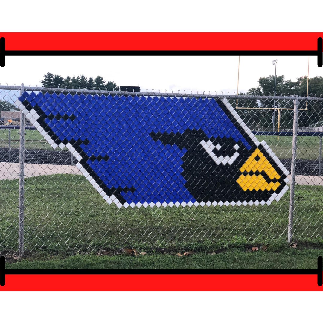 4' Blue Jay Head Logo shown on a 5' fence
Colors used: ROYAL #113 BLACK #115 YELLOW GOLD #116 and WHITE #101 

This cutie can be found on our website; ready to go!