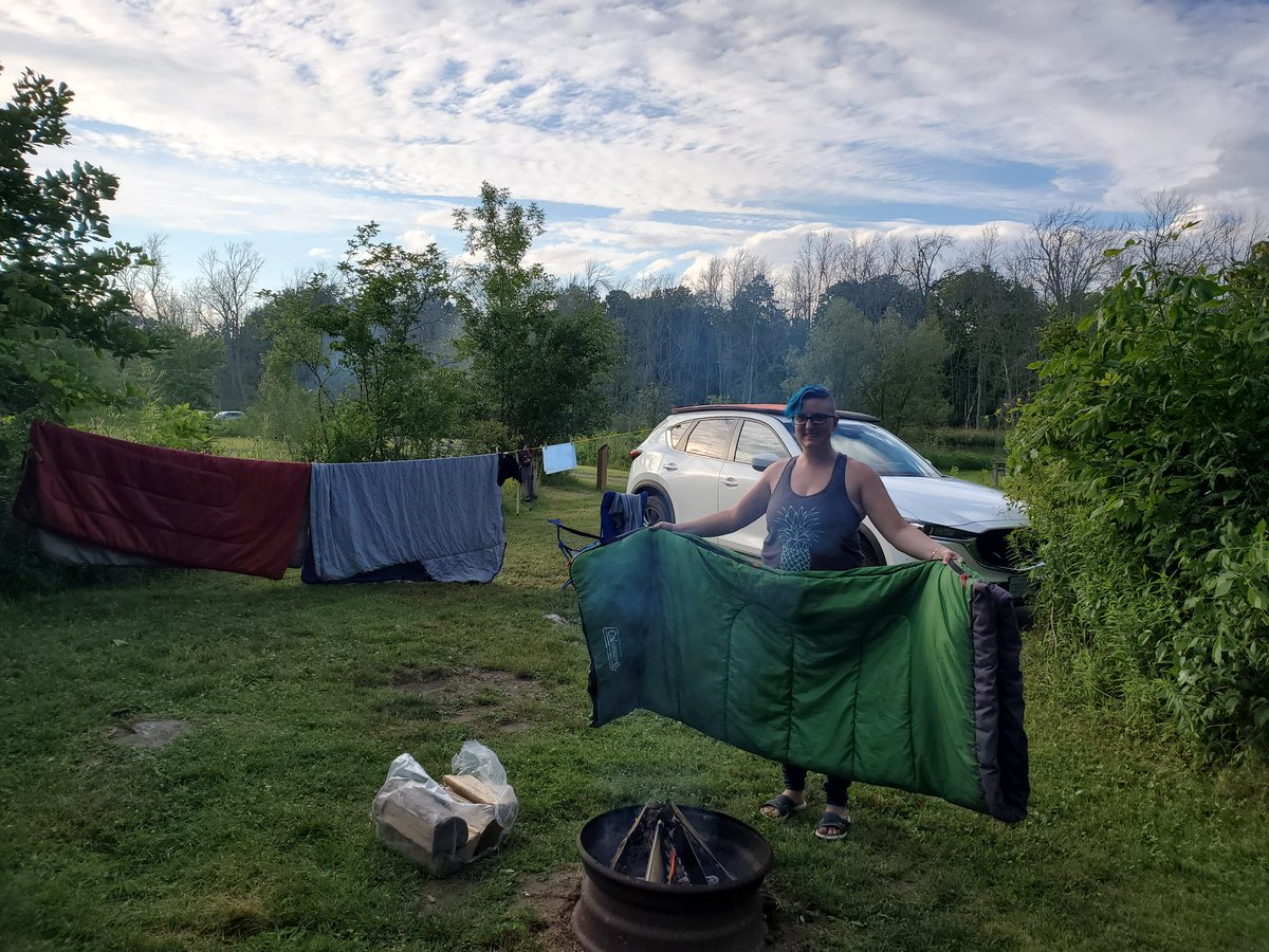 NerdyNessa88's tweet photo. Made it to the Girl's Camping Weekend! Got the site all set up, set up the beds, leave the mattress to self-inflate, read...rained sideways...check on the mattresses to close the valves and discover a swimming pool IN the tent. First for everything. #byng #camping https://t.co/PWhYxvkwpH