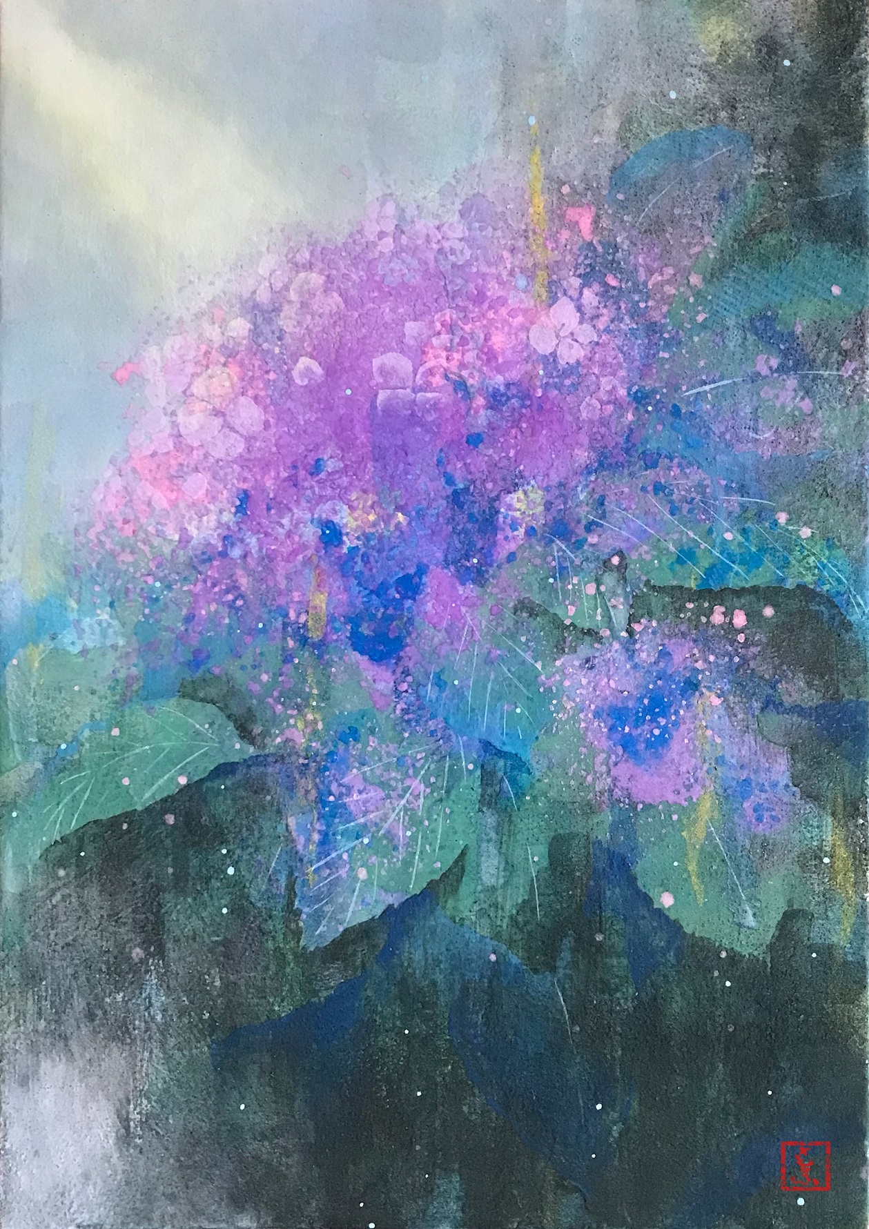 もふ 日本画家 日本画 光芒の紫陽花 Sm号 雲の隙間から零れた光が紫陽花に降り注いでいるのがとてもきれいで この世界を閉じ込めておきたいと思いました ギリ6月完成滑り込みセーフ 日本画 絵画 Art 美術 絵描きさんと繫がりたい