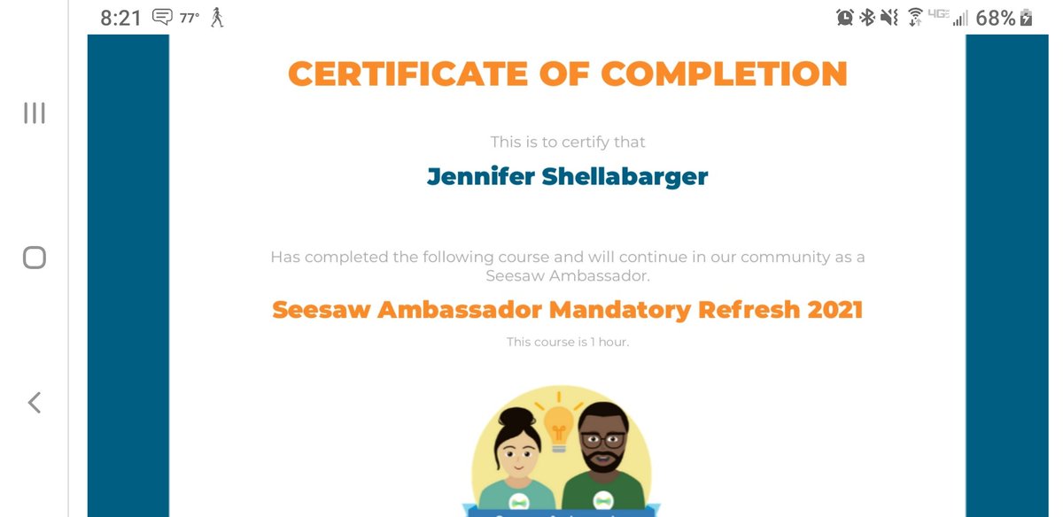 ssharks98's tweet image. I just completed my #SeesawAmbassador Refresh 2021!  Thanks @Seesaw for another great training!  I am looking forward to using #seesawmessages this school year!