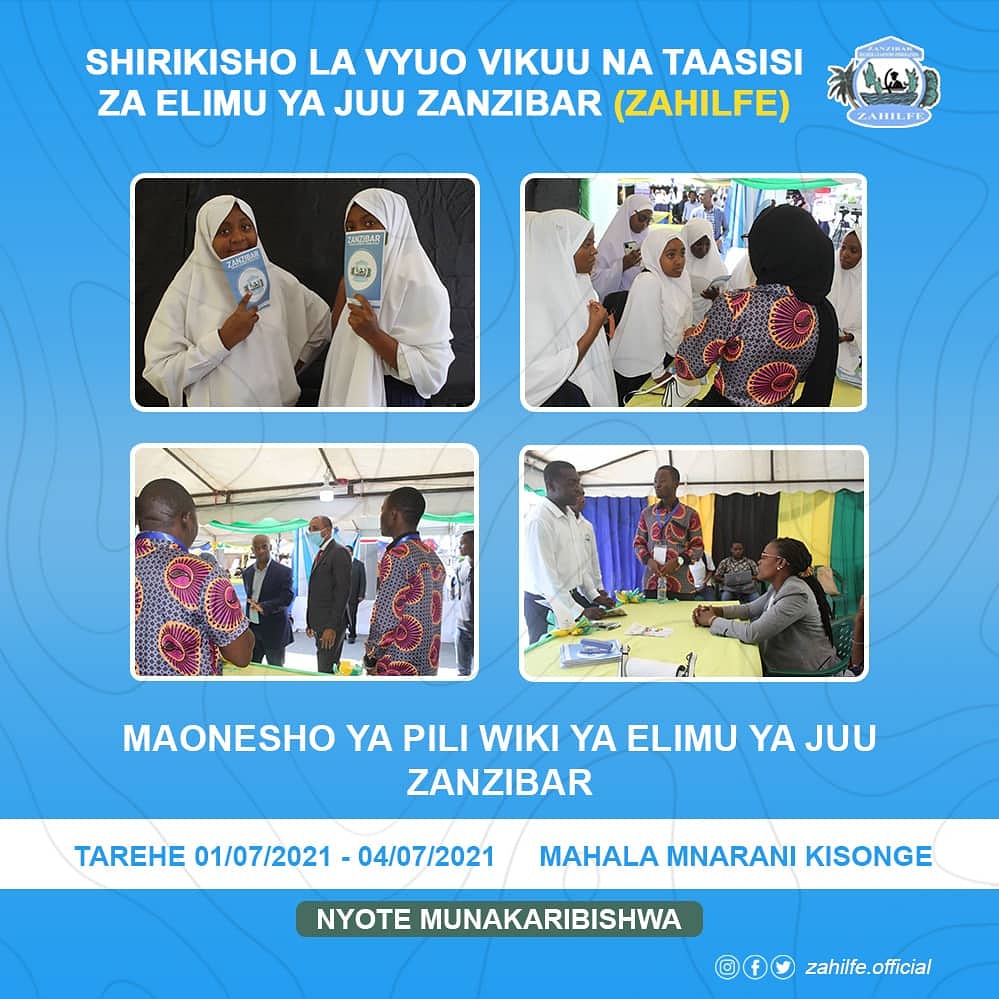 MMaktuba's tweet photo. Shirikisho la Vyuo Vikuu na Taasisi za Elimu ya Juu Zanzibar (ZAHILFE).

Inaendelea kuwakaribisha wanafunzi, wazazi na walezi wa wanafunzi, walimu, na wadau wa Elimu Zanzibar, katika maonesho ya pili ya wiki ya elimu ya juu Zanzibar. 01/07/2021 mpaka 04/07/2021  Mapinduzi square. https://t.co/hCxi3638Bp