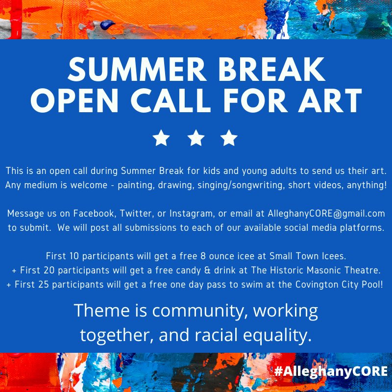Alleghany CORE is holding an open call for art this summer break!

#alleghanycore
#vaisforlovers 
#covingtonva
#cliftonforgeva 
#alleghanycountyva 
#racialequality
#racialequity 
#community
#workingtogether 
#summervibes 
#artwork 
#fourthofjuly 
#summerbreak