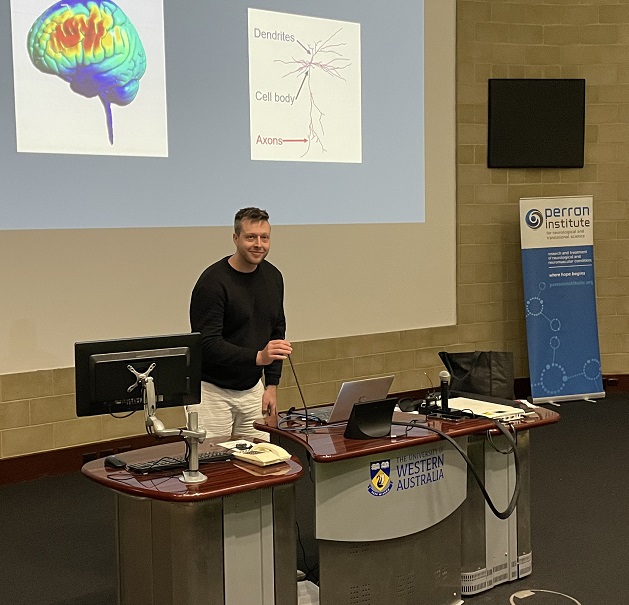 PerronInstitute's tweet photo. Samuel Bolland a PhD student with Perron Institute and @uwanews gave an interesting presentation to high school students at the recent WA Finals of the Brain Bee Challenge on using computer models to understand the brain. #brainbeechallenge https://t.co/Uit3S1AZwh