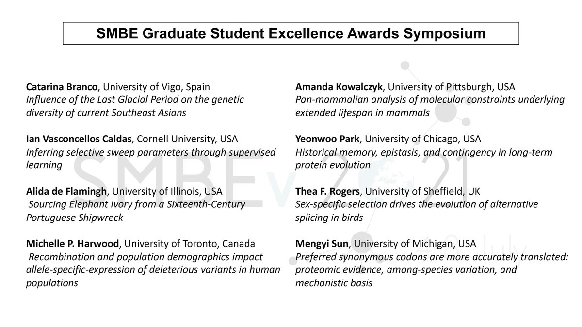 Marta L Wayne (@martawaynebio) on Twitter photo Get ready...get set... get excellent! The 2021 SMBE Graduate Student Excellence Award Symposium is on Sunday 4 July: 02:30 UTC (Asia) and again at 09:30 UTC (EU/Africa). <a href="/OfficialSMBE/">Society for Molecular Biology and Evolution</a> #SMBEv2021 <a href="/adeflamingh/">Alida de Flamingh, Ph.D.</a> <a href="/SunMengyi/">Mengyi sun</a> <a href="/TheaFRogers/">Thea Rogers 👩🏼🔬</a> <a href="/KowalczykAmanda/">Amanda Kowalczyk</a> <a href="/whatdoidohaha/">Yeonwoo Park</a> <a href="/mp_harwood/">Michelle Harwood</a> Get ready...get set... get excellent! The 2021 SMBE Graduate Student Excellence Award Symposium is on Sunday 4 July: 02:30 UTC (Asia) and again at 09:30 UTC (EU/Africa). <a href="/OfficialSMBE/">Society for Molecular Biology and Evolution</a> #SMBEv2021 <a href="/adeflamingh/">Alida de Flamingh, Ph.D.</a> <a href="/SunMengyi/">Mengyi sun</a> <a href="/TheaFRogers/">Thea Rogers 👩🏼🔬</a> <a href="/KowalczykAmanda/">Amanda Kowalczyk</a> <a href="/whatdoidohaha/">Yeonwoo Park</a> <a href="/mp_harwood/">Michelle Harwood</a>