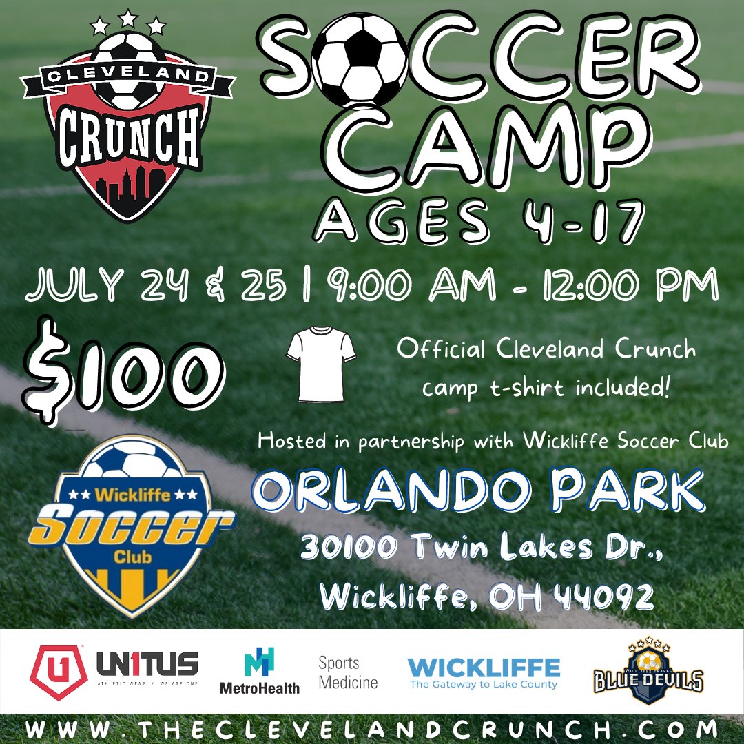 We are excited to partner with Wickliffe Soccer Club to host a youth soccer camp at Orlando Park in <a href="/WickliffeOH/">Wickliffe, Ohio</a> on July 24 &amp; 25! 

Sign-up at theclevelandcrunch.com 📲

<a href="/WHS_Blue_Devils/">Wickliffe Athletics</a> <a href="/WickliffeHS/">Wickliffe High School</a> <a href="/WickMiddle/">Wickliffe MS</a> <a href="/WickliffeAT/">Wickliffe HS AT</a> <a href="/wickliffesuper/">Joseph Spiccia</a> #wickliffesoccerclub