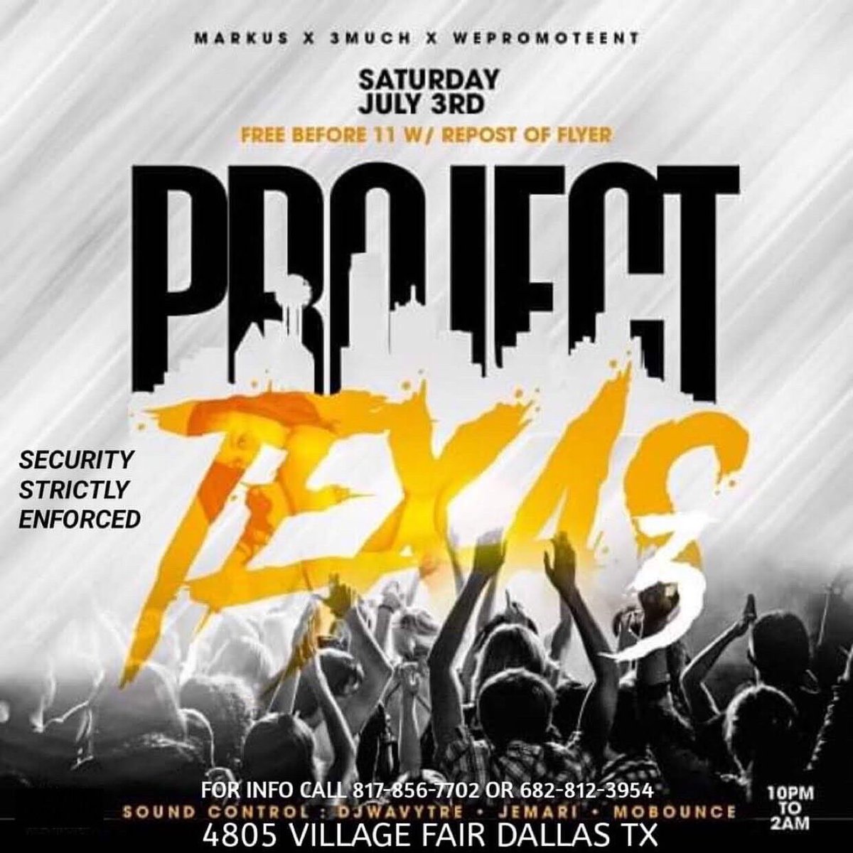 zandria92962524's tweet photo. ❗️Everybody FREE Til 11
❗️Early Arrival Mandatory
❗️Lit Dj’s in the mix 🎛
❗️Open Bar 🍾
❗️Security Enforced
COME OUT AND T'UP 💯💯💯🚨🚨🚨 #ProjectTexas3 https://t.co/1IvUsFB0uI