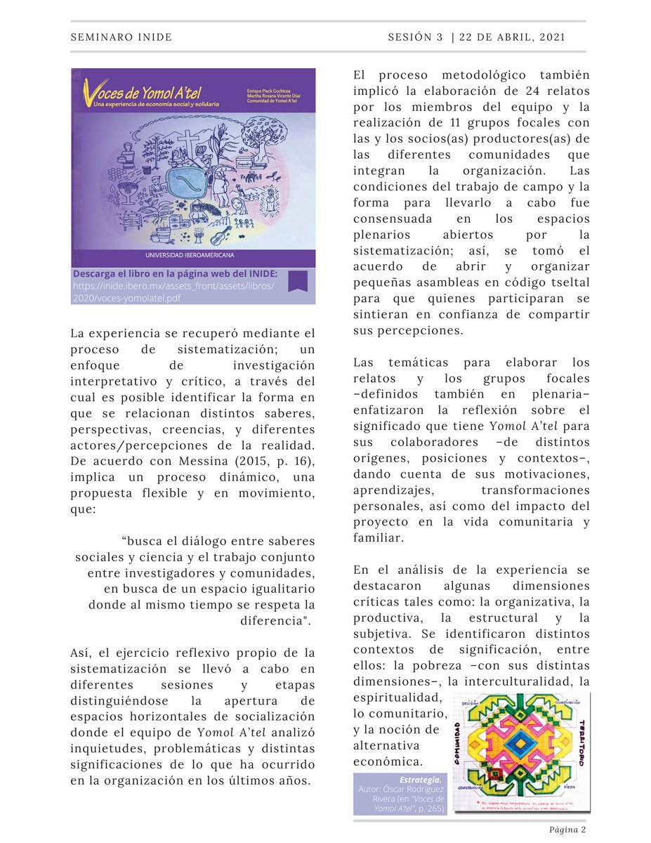 INIDEdelaUIA's tweet photo. #NotaINIDE |En el tercer #SeminarioINIDE de 2021, Enrique Pieck y Roxana Vicente compartieron la metodología desarrollada para sistematizar la iniciativa económica, social y educativa «Yomol A’tel».
▸Lee la nota en PDF: https://t.co/w9LRNsoNJl
📝#CompromisoINIDE https://t.co/5SpK2Y1LYO
