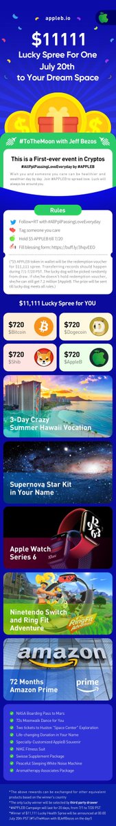 <a href="/JeffBezos/">Jeff Bezos</a>’ dream is #ToTheMoon 🌕🚀
Join #APPLEB  to achieve YOUR DREAM 🌈🌈
and
Win Worth $11,111 Lucky Spree
✨Follow+RT with #AllPplPassingLoveEveryday 
✨Tag someone you care
✨Fill blessing form：buff.ly/2U8IG1x
✨Hold $5 APPLEB till Jul 20th #Airdrop

Details:👇