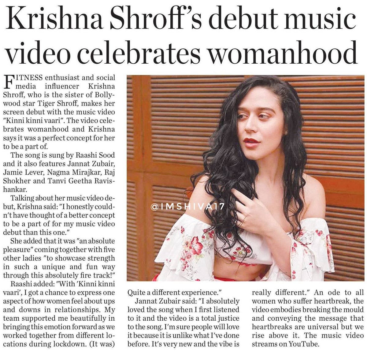 imshiva17's tweet photo. Krishna Shroff 's debut music video
 celebrates womanhood 

#KrishnaShroff , who is the sister
of #Bollywood star #TigerShroff ,
makes her screen debut with the
music video " #KinniKinniVaari " 
which celebrates womanhood. https://t.co/akG5oiJrr3