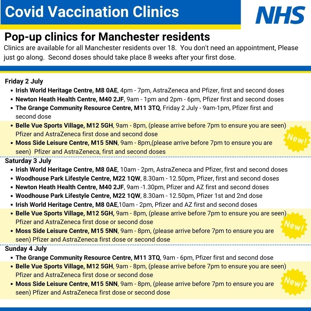 Calling all Manchester residents!

Check out our walk in vaccination clinics taking place this weekend 👇

We have lots of different offers for first and second doses and both Pfizer and AstraZeneca so get yourself along!