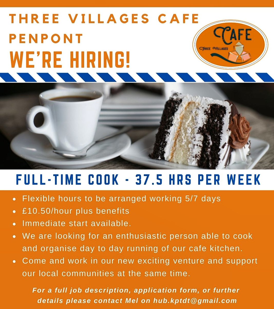 We are looking for an enthusiastic person able to cook and organise the day to day kitchen tasks, in our soon to open community café.
There will also be the opportunity to expand the role into management.   For full job description &amp; application form, email hub.kptdt@gmail.com
