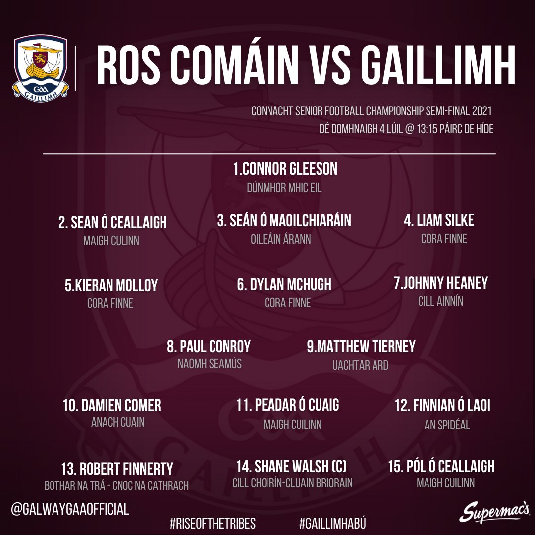 ❗Football Announcement ❗
Our team to face Roscommon this Sunday, July 4th in the Connacht Senior Football Championship Semi-Final 🏐🤩
#GaillimhAbú